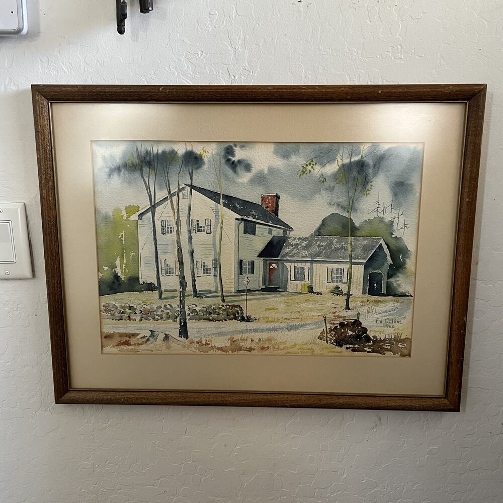 Framed Watercolor Painted Countryside Landscape a House Ed Collins 1966